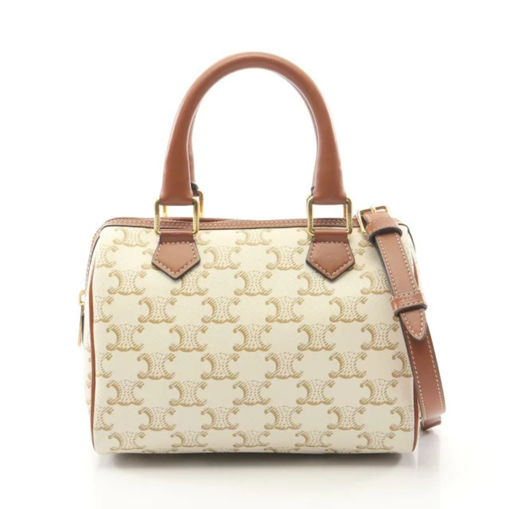 Celine Triomphe Handbag Canvas Leather Ivory White Brown